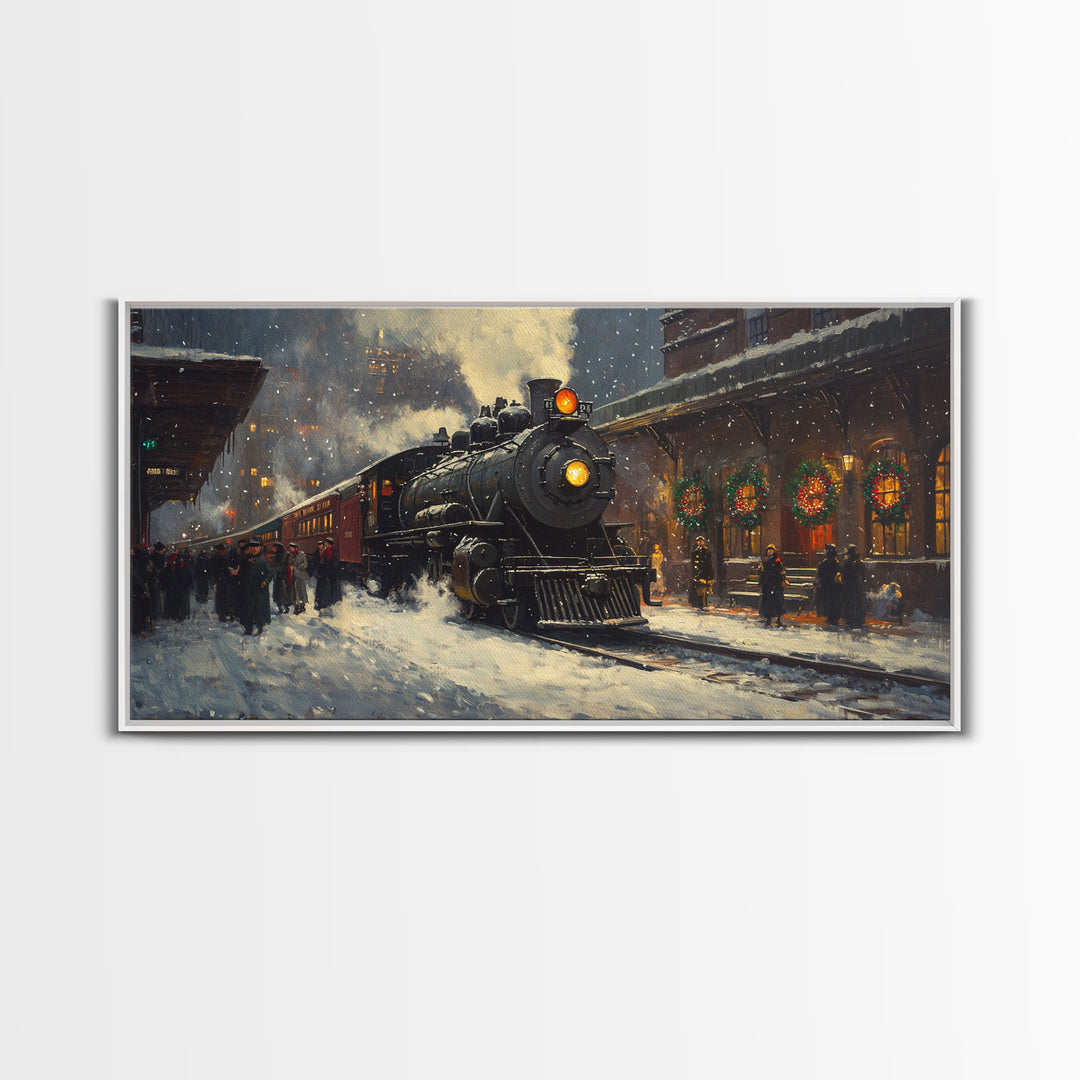 Winter Train Station Framed Canvas Print, Snowy Christmas Scene, Vintage Holiday Decor, Christmas Home Decor, Trendy Christmas Art