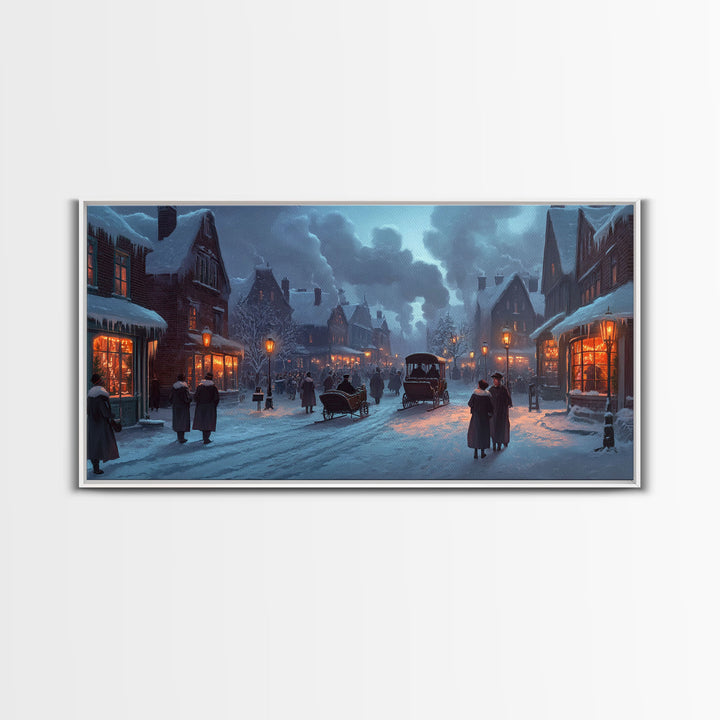 Victorian Winter Street Framed Canvas Print, Christmas Village Scene, Holiday Decor, Vintage Christmas Home Decor, Christmas Wall Art Gift