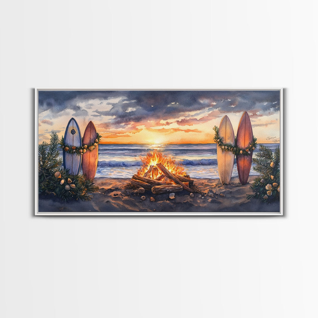 Surfboards With Christmas Garland By Bonfire At Sunset, Tropical Christmas Beach Wall Art, Coastal Holiday Framed Canvas Print