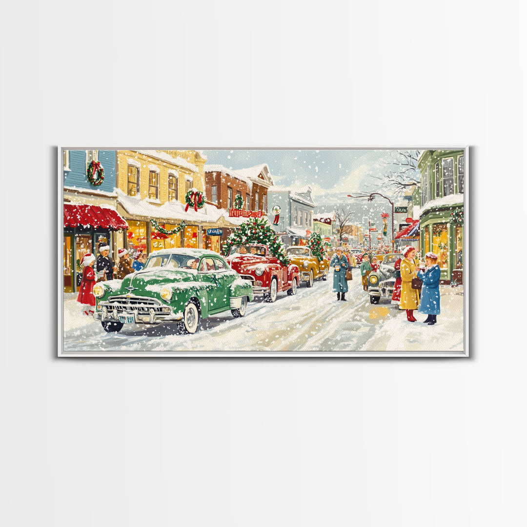 Festive Small Town Framed Canvas Print, Retro Christmas Village Scene, Vintage Christmas Decor, Christmas Vacation Art, Holiday Wall Art