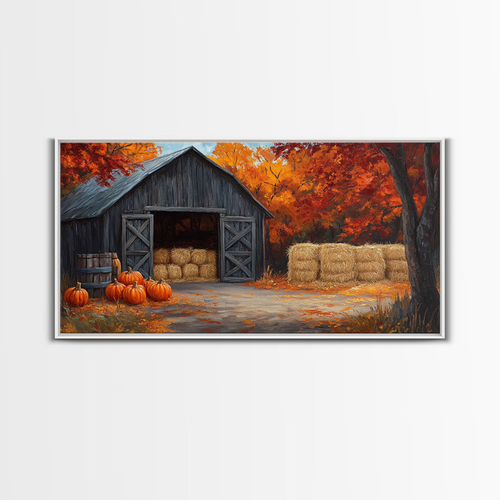 Fall Barnyard with Pumpkins Framed Canvas Print Farmhouse Decor, Fall Art Print, Rustic Home Decor, Seasonal Gift Wall Art