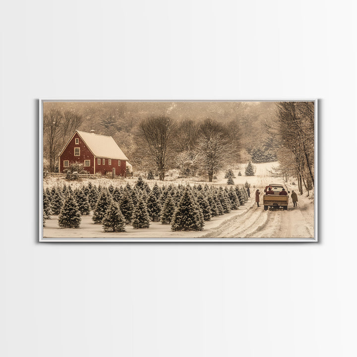 Snowy Farmhouse Christmas Tree Framed Canvas Print - Country Christmas Decor with Rustic Vintage Charm and Holiday Wall Art