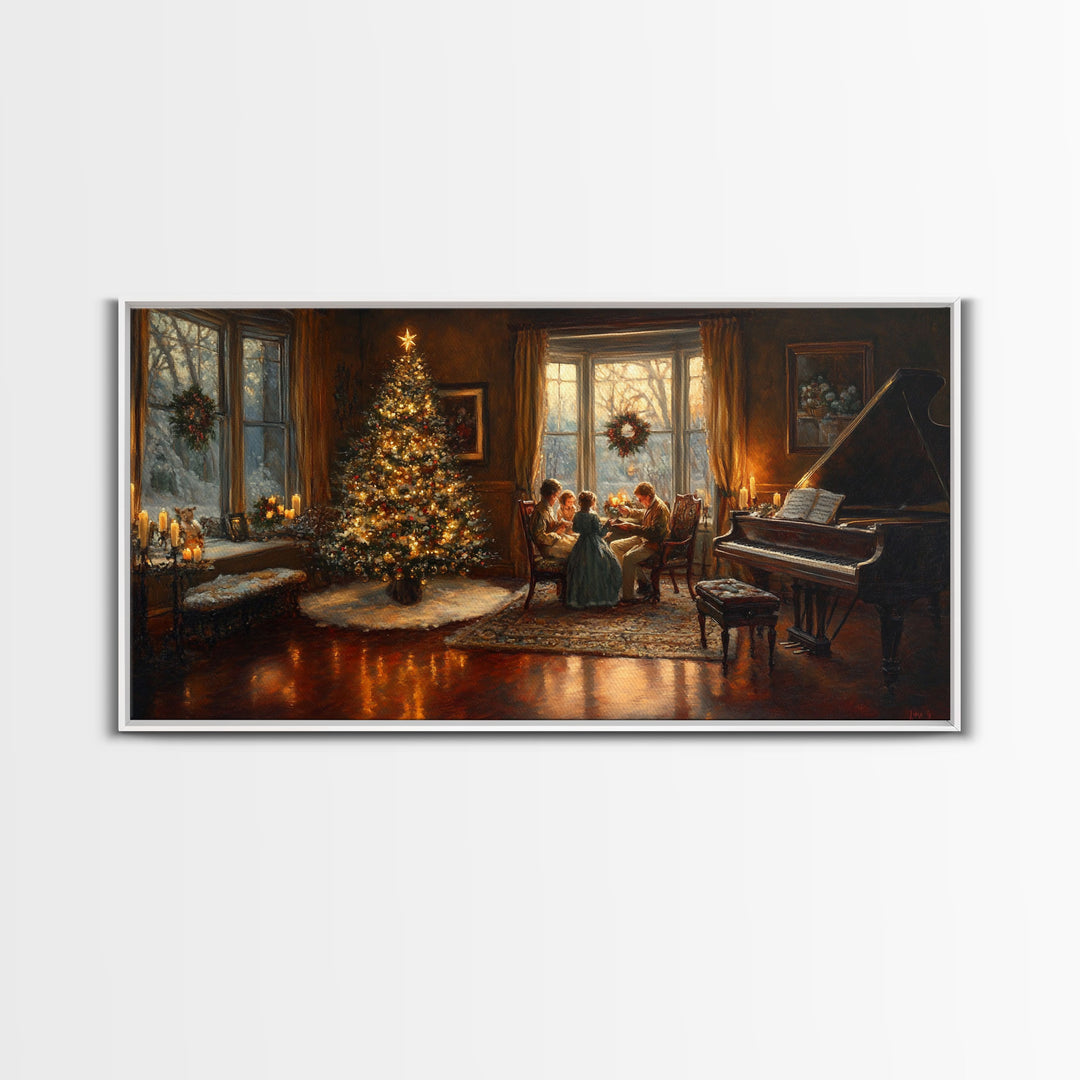 Family Gathering by Christmas Tree Framed Canvas Print - Warm Christmas Home Decor with Vintage Charm and Classic Holiday Wall Art