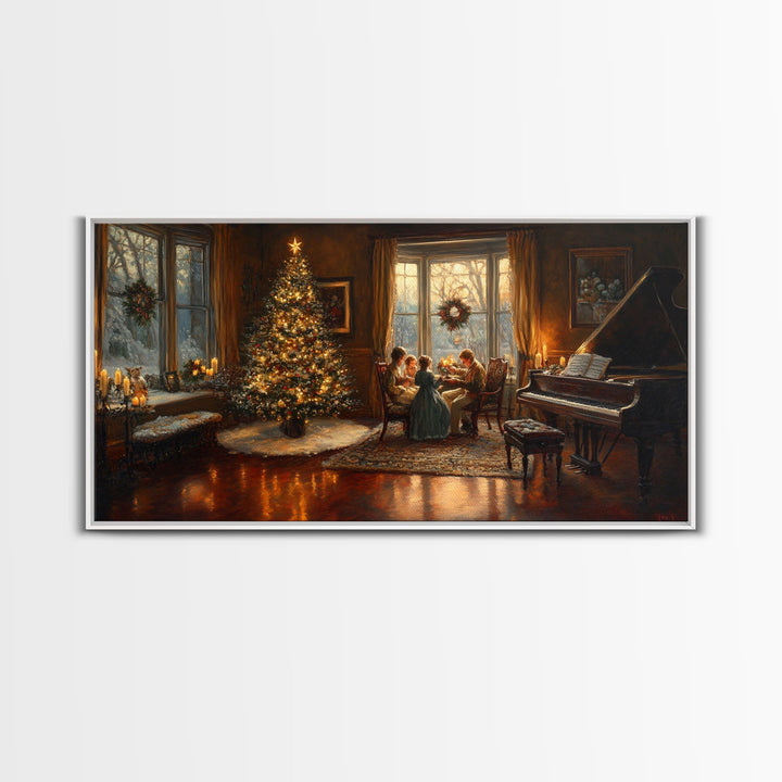 Family Gathering by Christmas Tree Framed Canvas Print - Warm Christmas Home Decor with Vintage Charm and Classic Holiday Wall Art