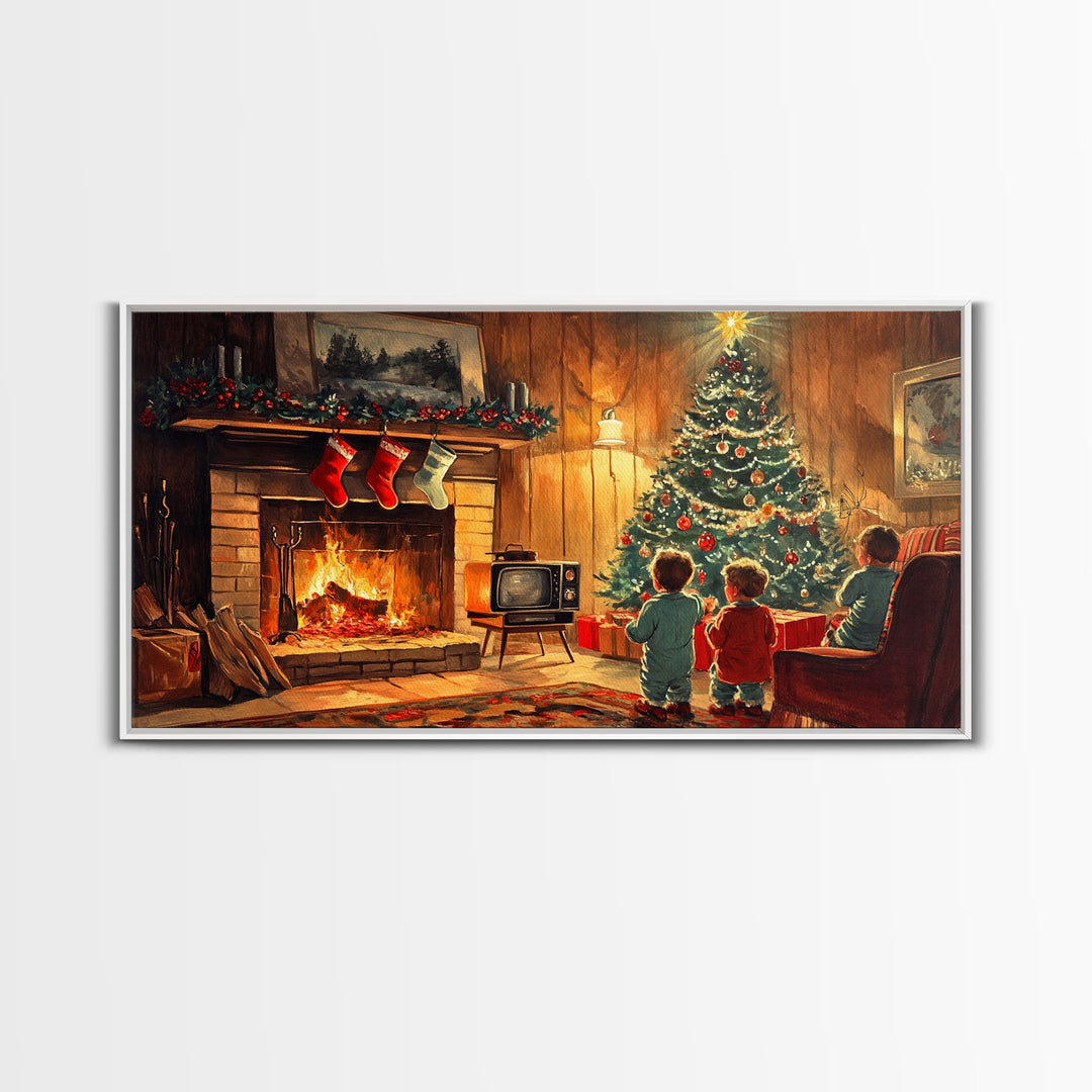 Vintage Christmas living room scene with fireplace and children, 2024 Christmas home decor, framed canvas print, vintage Christmas wall art