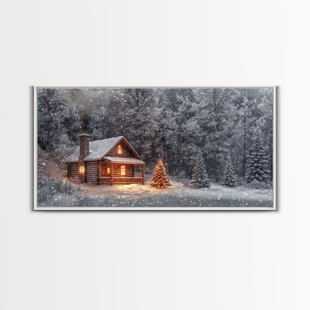 Winter cabin with Christmas tree outdoor decor, snowy landscape art, framed canvas print, winter wonderland wall art, holiday decor