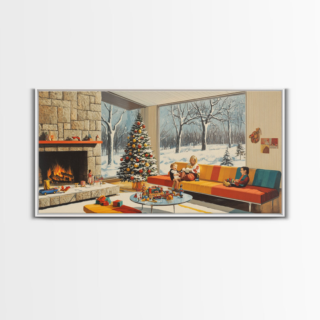 Mid century modern Christmas scene with fireplace and tree, retro Christmas decor, framed canvas print, 1960s Christmas home decor