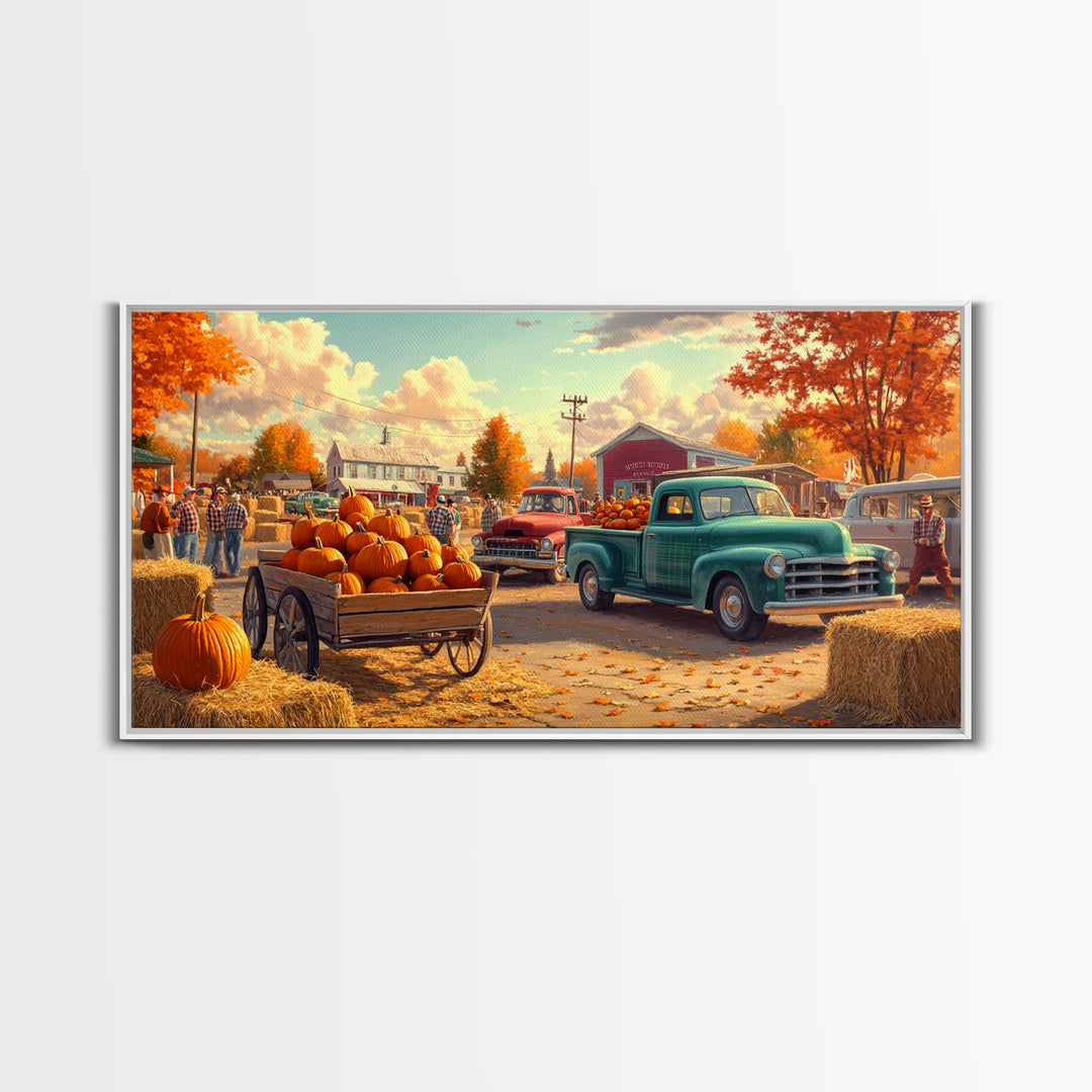 Fall pumpkin harvest with vintage trucks, country autumn decor, canvas print, fall farmhouse wall art, seasonal decor