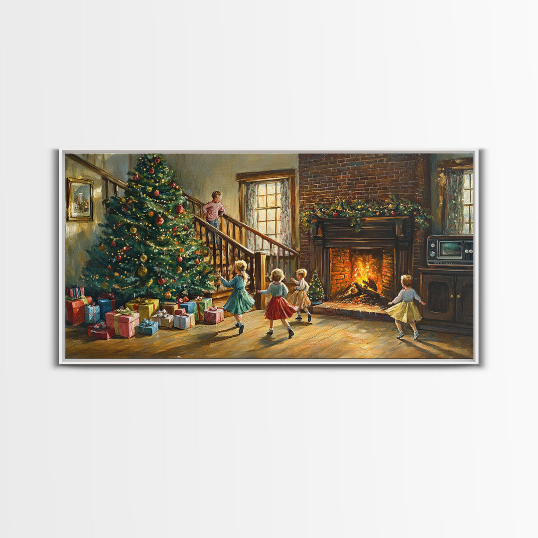 Vintage Christmas living room with fireplace and tree, children and presents, framed canvas print, Christmas decor, holiday wall art