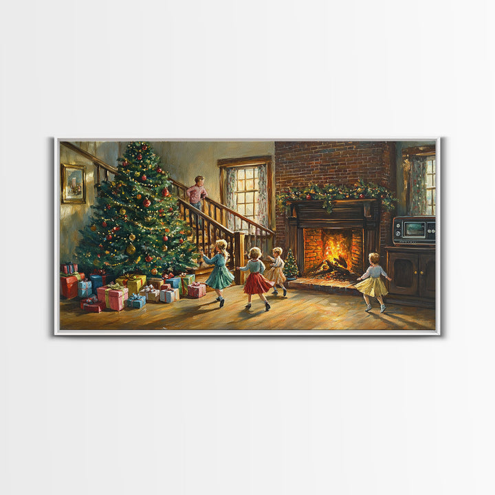 Vintage Christmas living room with fireplace and tree, children and presents, framed canvas print, Christmas decor, holiday wall art