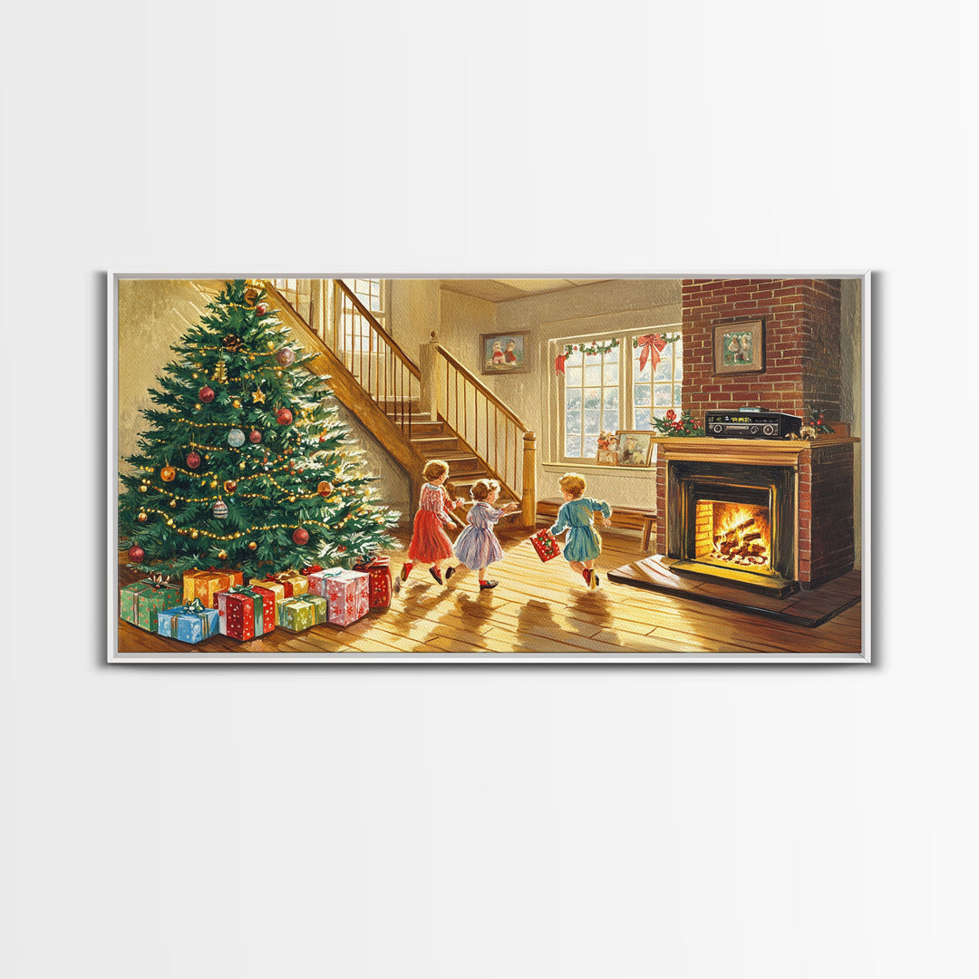 Cozy Christmas living room scene with tree and presents, vintage holiday decor, canvas print, Christmas wall art, Christmas decor