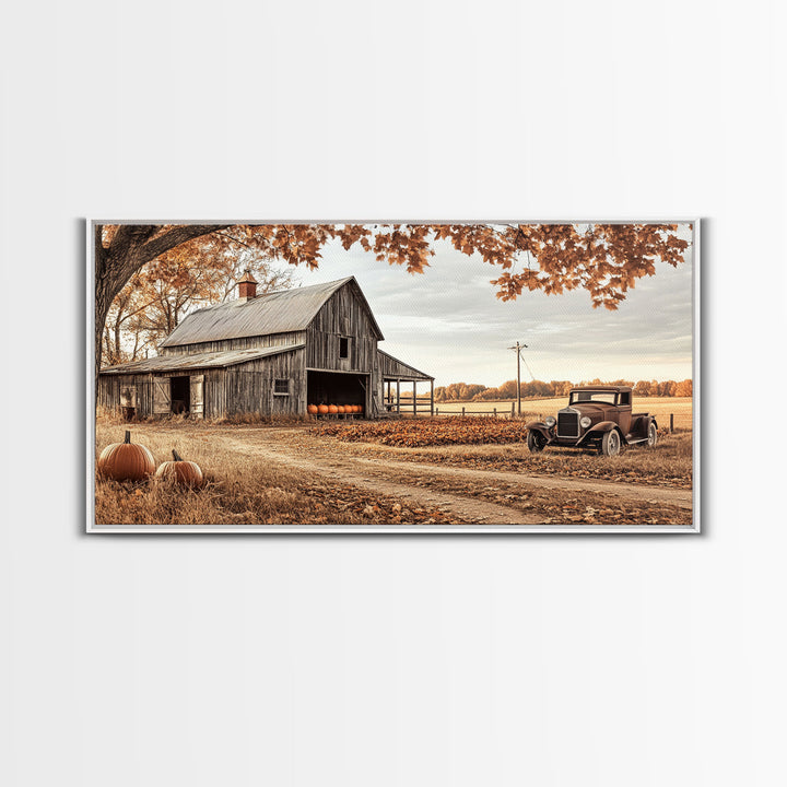 Farmhouse Autumn Decor Framed Canvas Print with Rustic Truck and Barn, Fall Country Art Wall Decor, Pumpkin Harvest Gift Idea Seasonal Decor