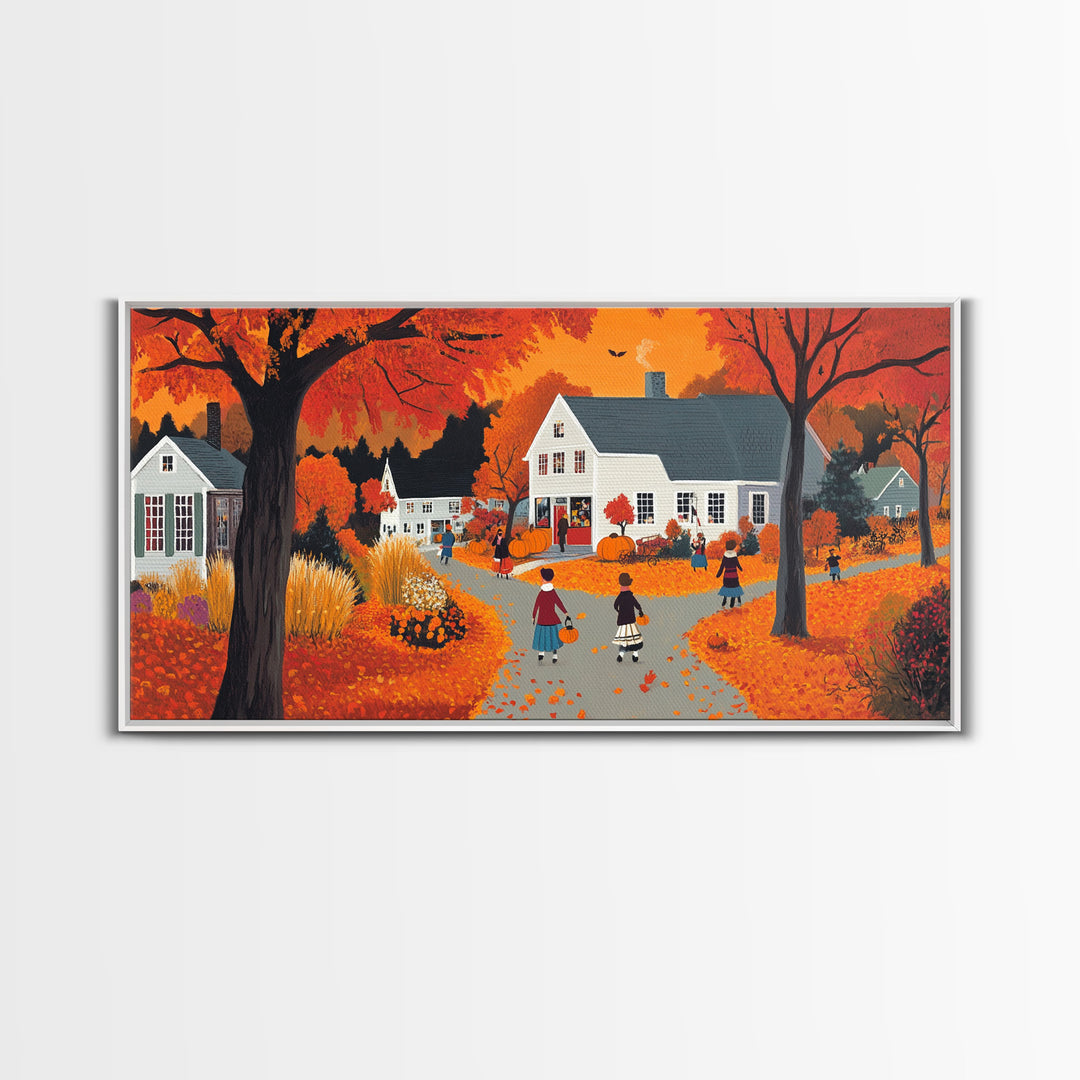 Autumn Vintage Village Canvas Print with Fall Foliage, Seasonal Farmhouse Art, Framed Wall Decor Gift, Best Gift Idea