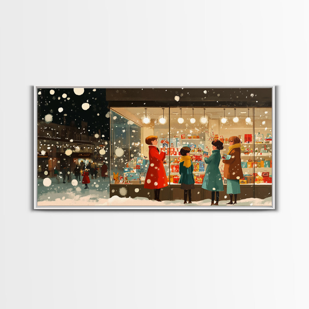 Christmas Window Shopping Scene Framed Canvas Print, Nostalgic Winter Holiday Wall Art Decor, Best Christmas Gift Idea, City Christmas Decor