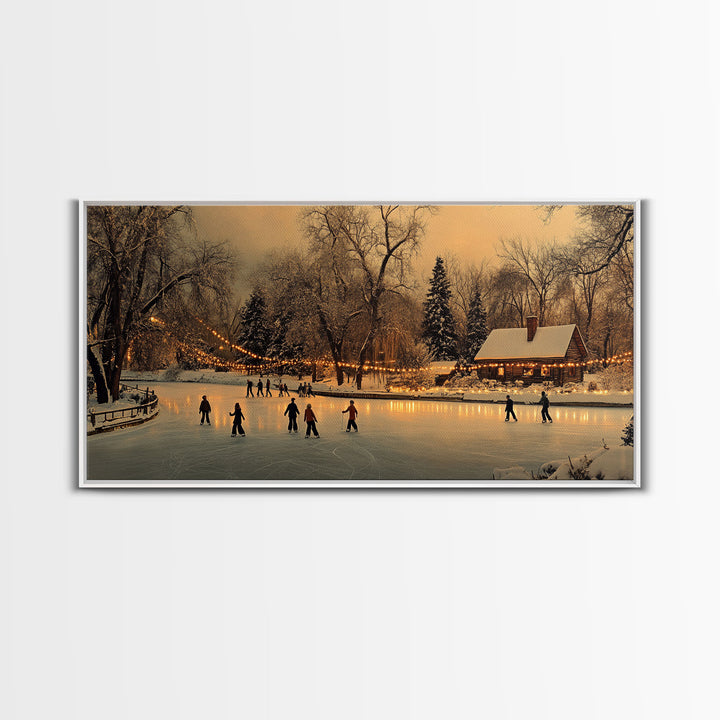 Winter Wonderland Ice Skating Framed Canvas Print, Rustic Christmas Art, Holiday Scene Wall Decor, Best Christmas Gift, Winter Landscape Art