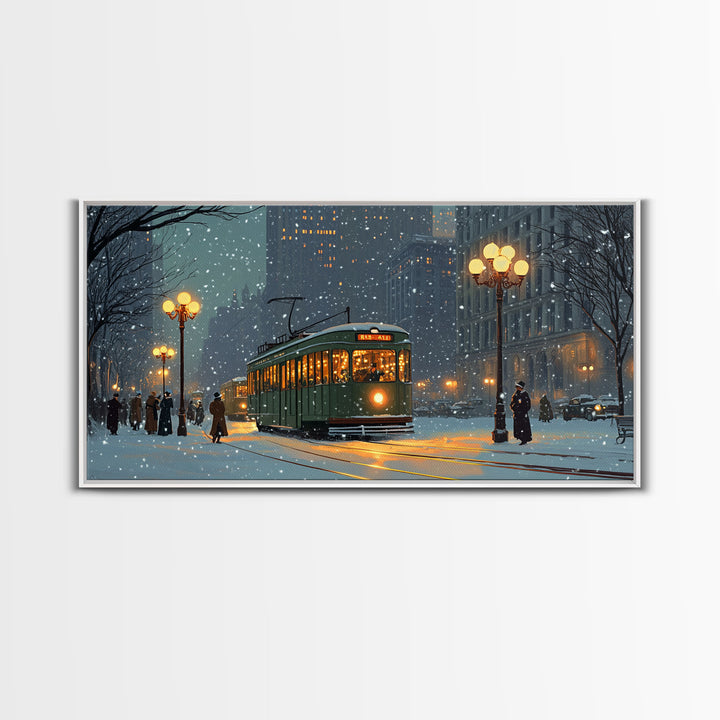 Vintage Christmas Street Scene Framed Canvas Print, City Tram Holiday Art, Christmas Wall Art Gift Idea, Holiday Season Decor, Wall Decor