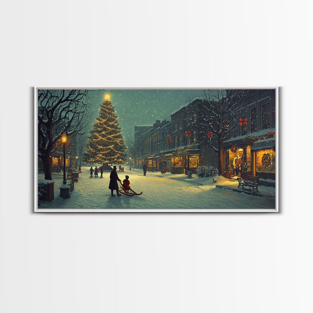 Christmas Village Tree Lighting Framed Canvas Print, Nostalgic Winter Holiday Art, Vintage Wall Art Scene, Best Gift Idea Christmas Decor