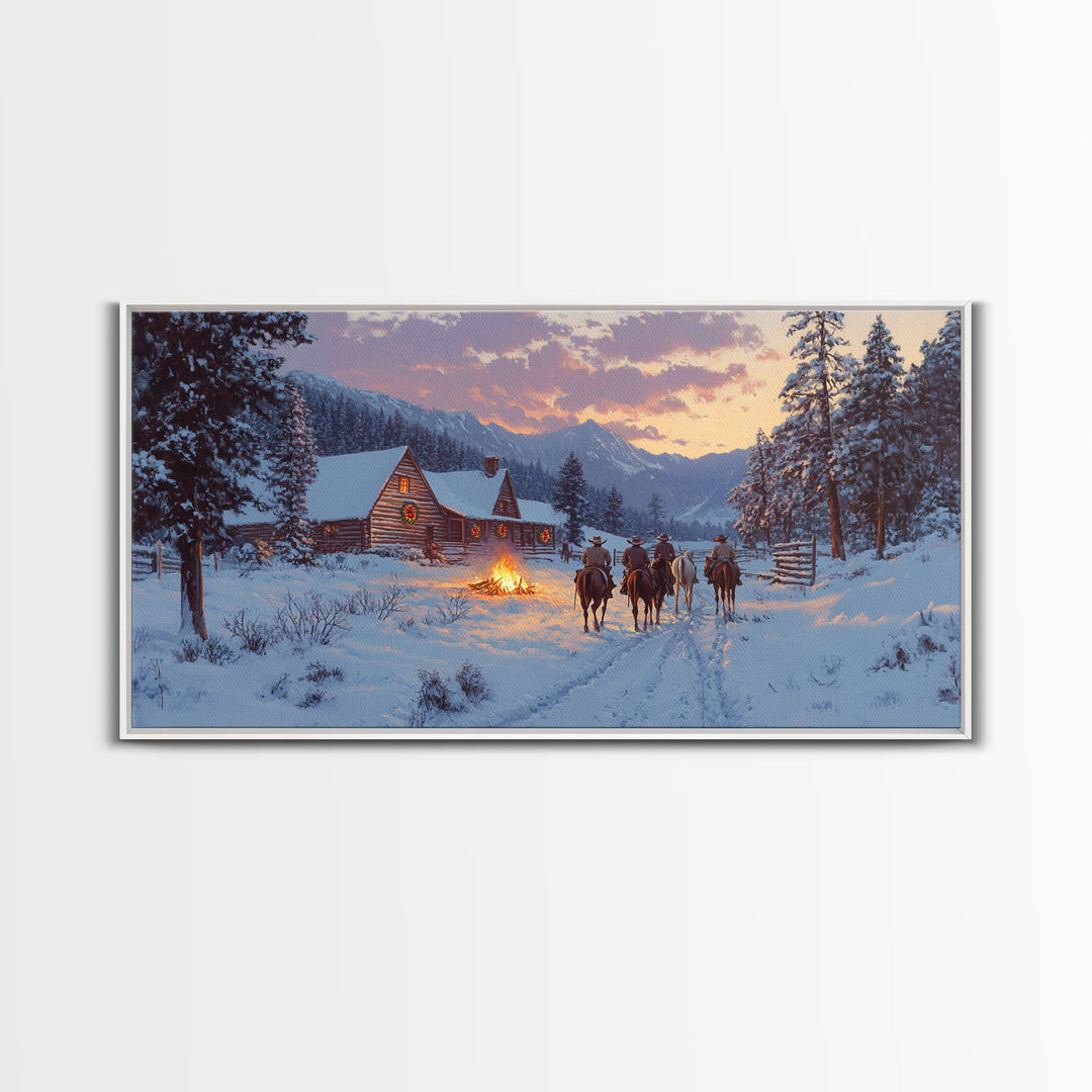 Cowboys and Log Cabin Winter Christmas Framed Canvas Print, Rustic Mountain Holiday Scene Art, Best Christmas Gift Idea, Winter Decor