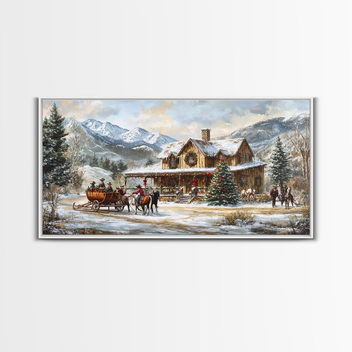 Mountain Log Cabin Christmas Framed Canvas Print, Rustic Holiday Winter Scene, Best Gift Christmas Wall Art, Vintage Holiday Decor Ideas