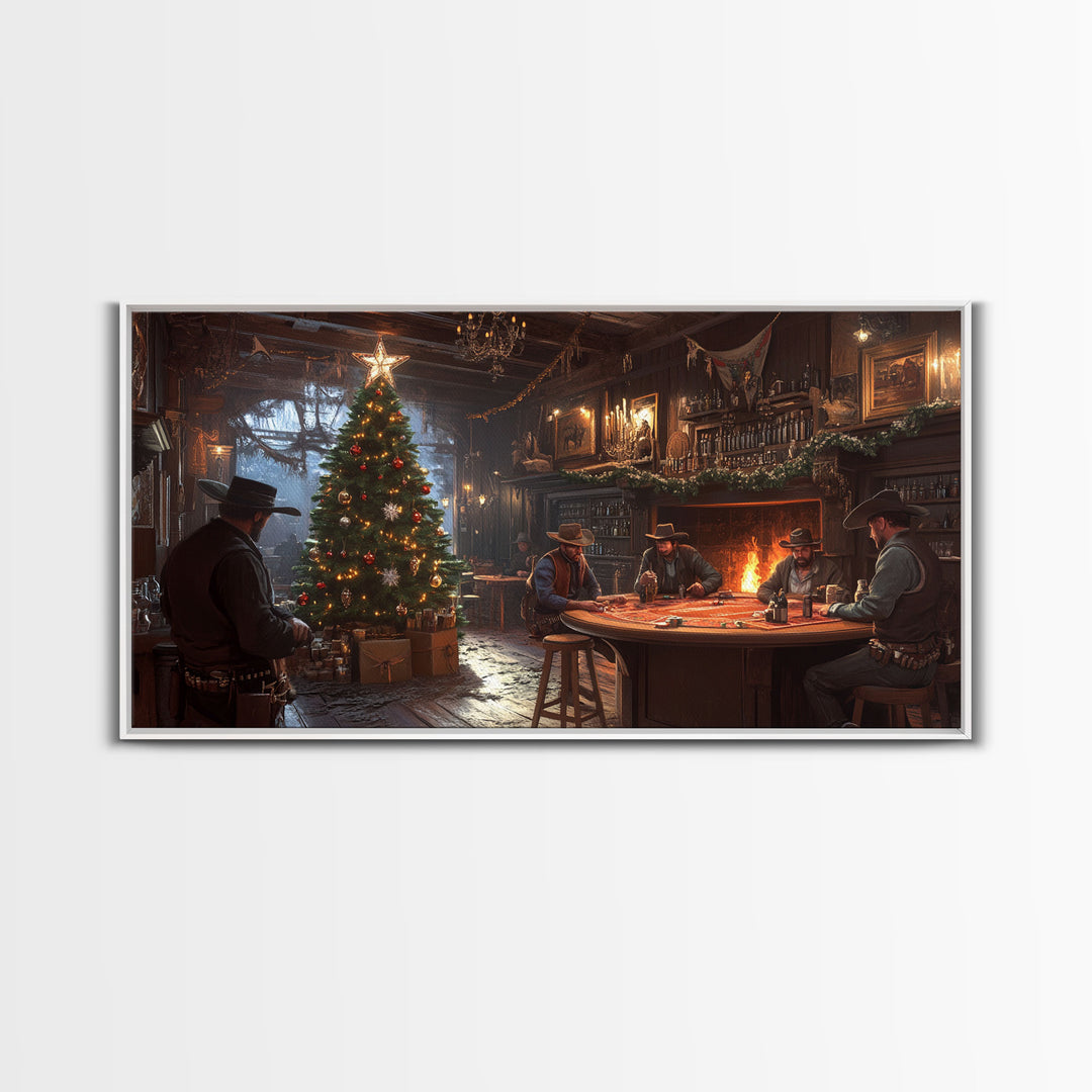 Western Saloon Christmas Framed Canvas Print, Rustic Holiday Decor with Cowboys and Christmas Tree, Best Gift Idea Seasonal Holiday Art