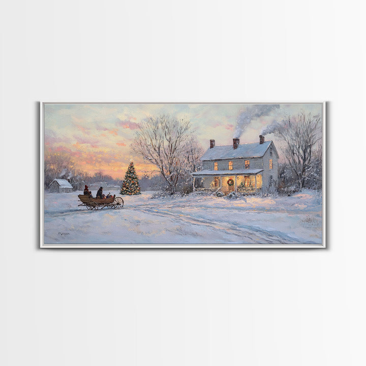 Horse Drawn Sleigh Ride Framed Canvas Print, Winter Wonderland Christmas Scene Art, Vintage Farmhouse Christmas Wall Art Gift Idea