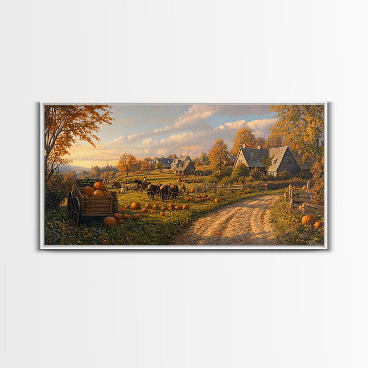 Autumn Pumpkin Harvest Framed Canvas Print, Fall Country Farm Scene Wall Art, Best Autumn Decor, Cozy Farmhouse Gift Idea