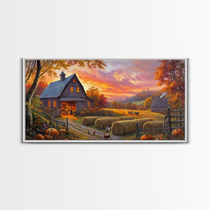 Cozy Barn at Sunset Framed Canvas Print, Fall Harvest Wall Art, Country Farmhouse Autumn Decor, Seasonal Gift Idea Best Fall Wall Art