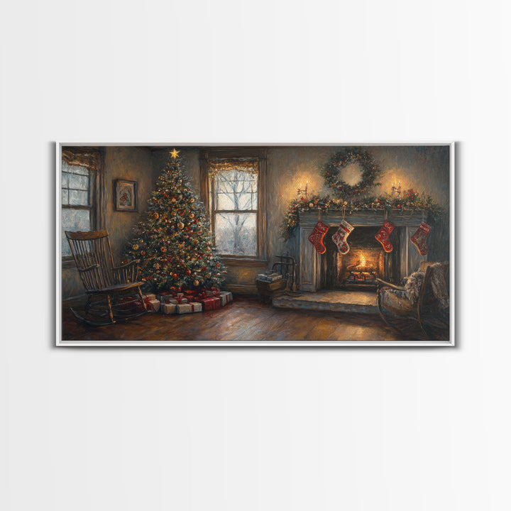 Traditional Christmas Living Room Framed Canvas Print with Tree and Stockings, Rustic Christmas Decor, Best Holiday Gift Wall Art