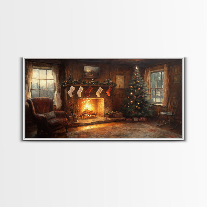 Vintage Christmas Living Room Framed Canvas Print with Fireplace and Stockings, Cozy Rustic Holiday Wall Art, Best Christmas Gift Idea