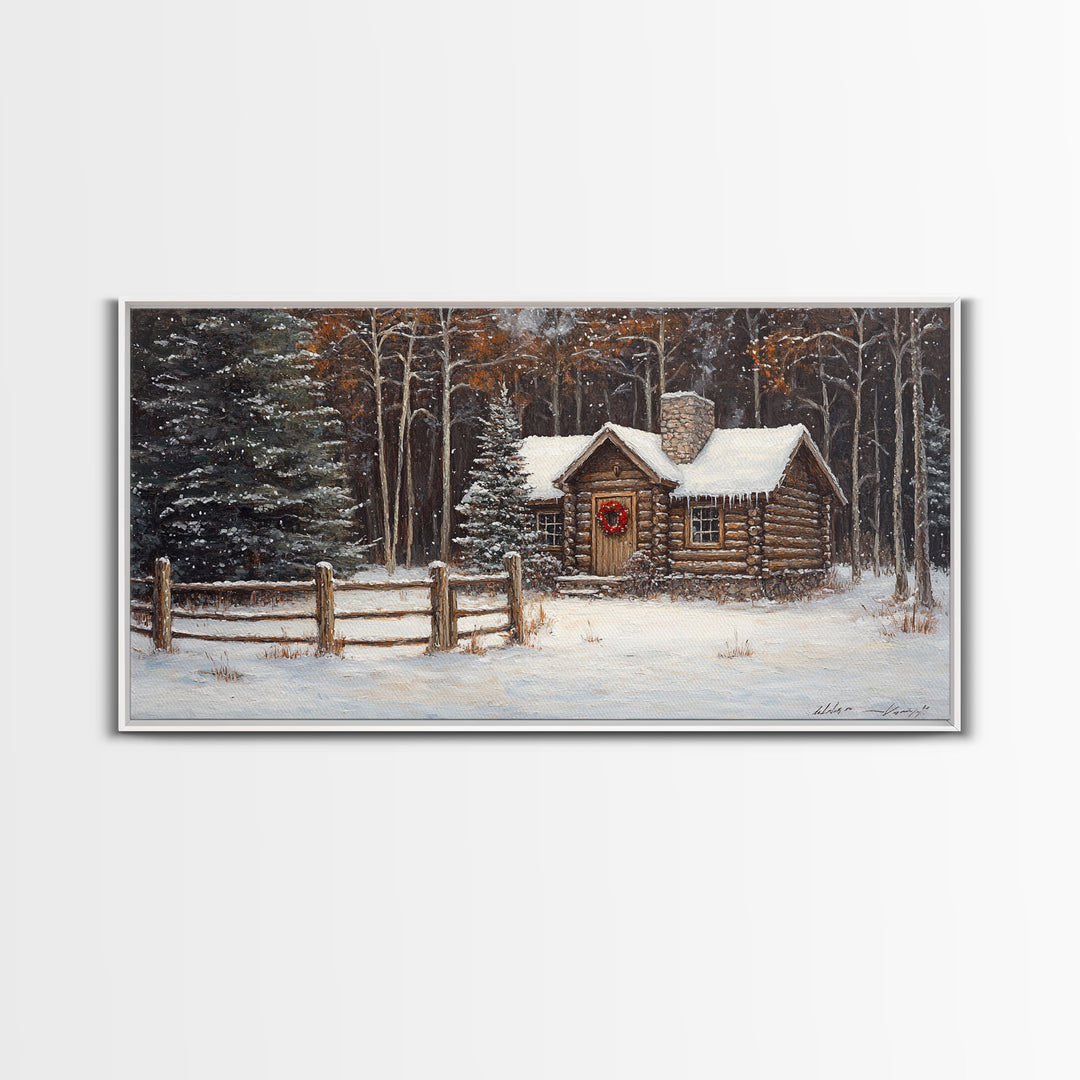 Snowy Log Cabin Christmas Framed Canvas Print, Rustic Winter Wonderland Art, Cozy Holiday Decor, Best Gift Christmas Wall Art