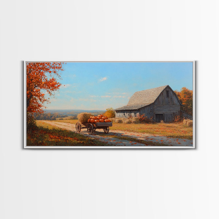 Rustic Barn with Pumpkins Framed Canvas Print, Cozy Fall Farmhouse Decor, Country Autumn Harvest Art, Seasonal Wall Art Gift Idea