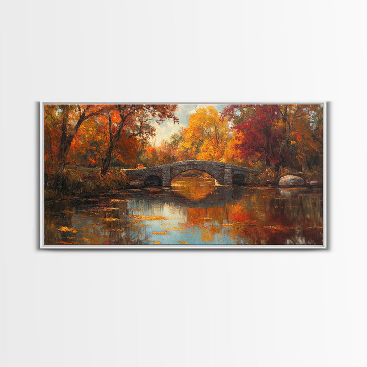 Scenic Autumn Bridge Framed Canvas Print, Cozy Fall Landscape Wall Art, Country Farmhouse Autumn Decor, Best Seasonal Gift Idea