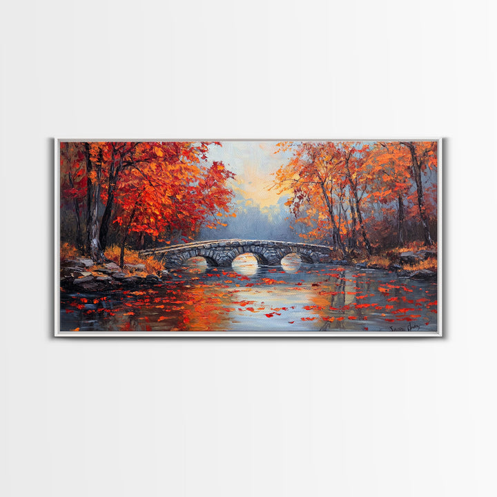 Autumn River Bridge Framed Canvas Print, Colorful Fall Landscape Wall Art, Cozy Seasonal Decor, Best Gift Idea for Farmhouse Wall Art