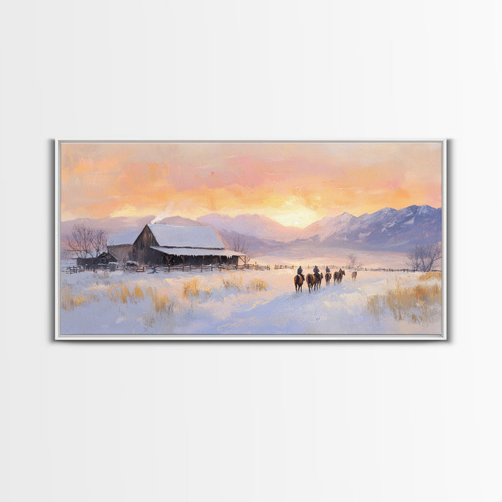 Snowy Farmhouse Sunset Framed Canvas Print, Winter Mountain Landscape Art, Rustic Country Christmas Decor, Best Winter Wall Art Gift