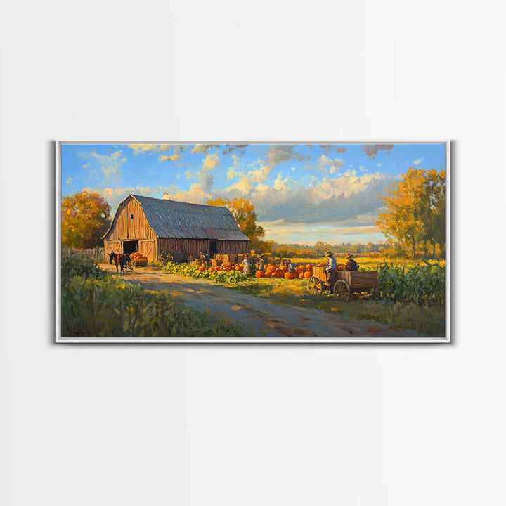 Picturesque Autumn Barn Harvest Scene Framed Canvas Print Farmhouse Art, Fall Harvest Scene Art Print, Rustic Wall Decor for Fall Season