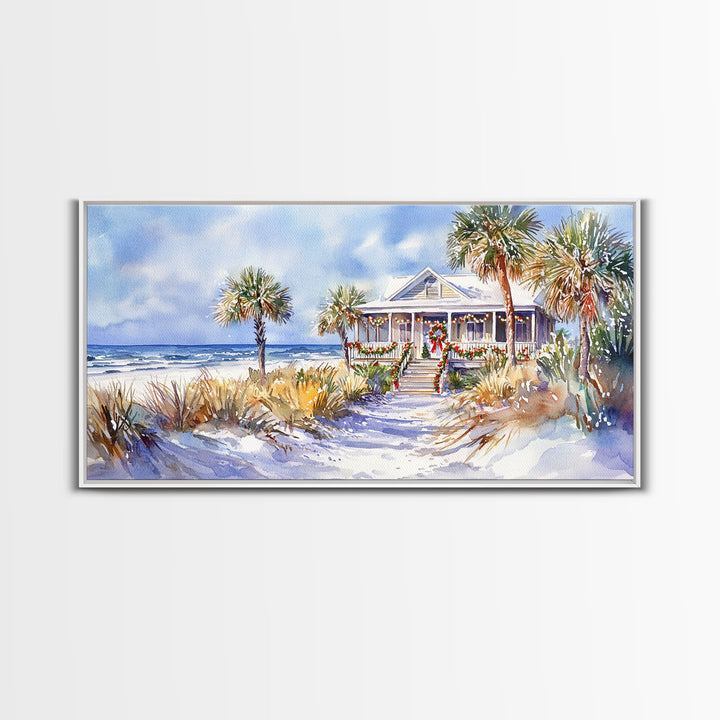 Snowy tropical Christmas decor scene, Framed Canvas Print beach house wreath and holiday lights, winter coastal home decor Christmas art