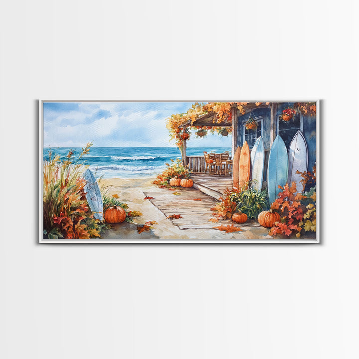 Autumn surfboard porch decor scene, Framed Canvas Print with pumpkins and fall leaves on beach, autumn beach house wall art and decor piece