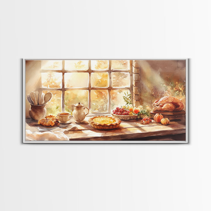 Thanksgiving table scene with food, pies and fall decor, Framed Canvas Print with pumpkins sunlight, autumn harvest home wall art and decor