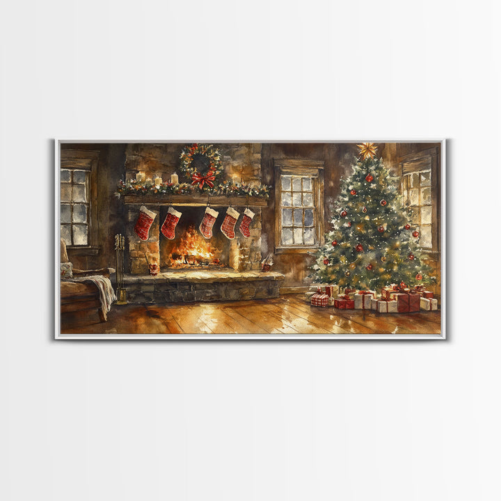 Cozy Christmas living room with stockings, Christmas tree, and fireplace, Framed Canvas Print for holiday wall art vintage Christmas decor