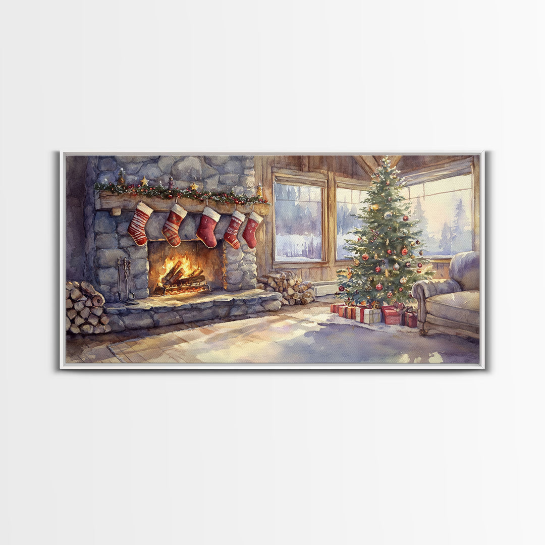 Snowy cabin lake scene at dusk with Christmas lights, Framed Canvas Print with a warm cabin glow, for winter wall art Christmas home decor