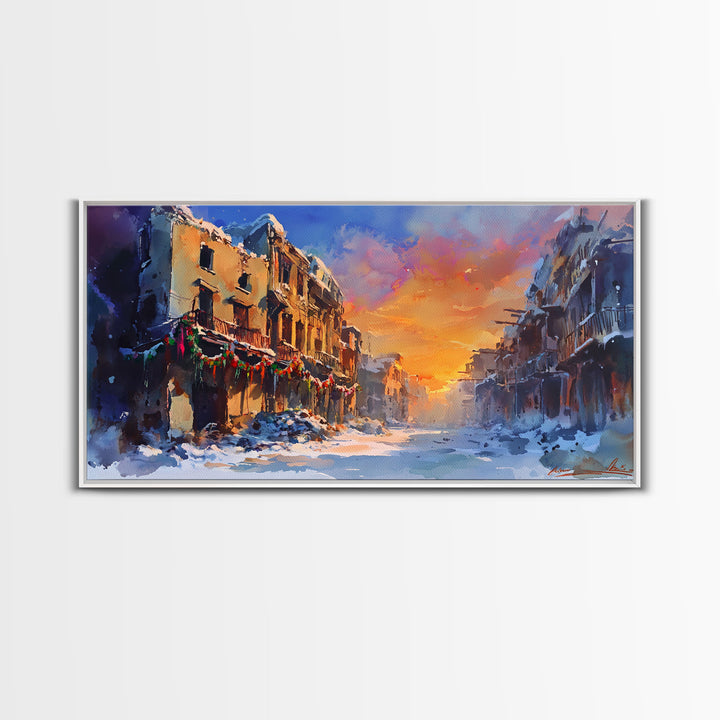 Snowy abandoned street at sunset with festive garland, framed canvas print, moody landscape Christmas or holiday decor