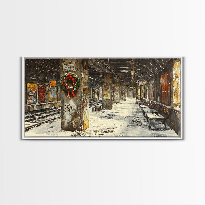 Underground subway station winter scene framed canvas print, snowy platform with festive wreath and urban decay, Christmas display