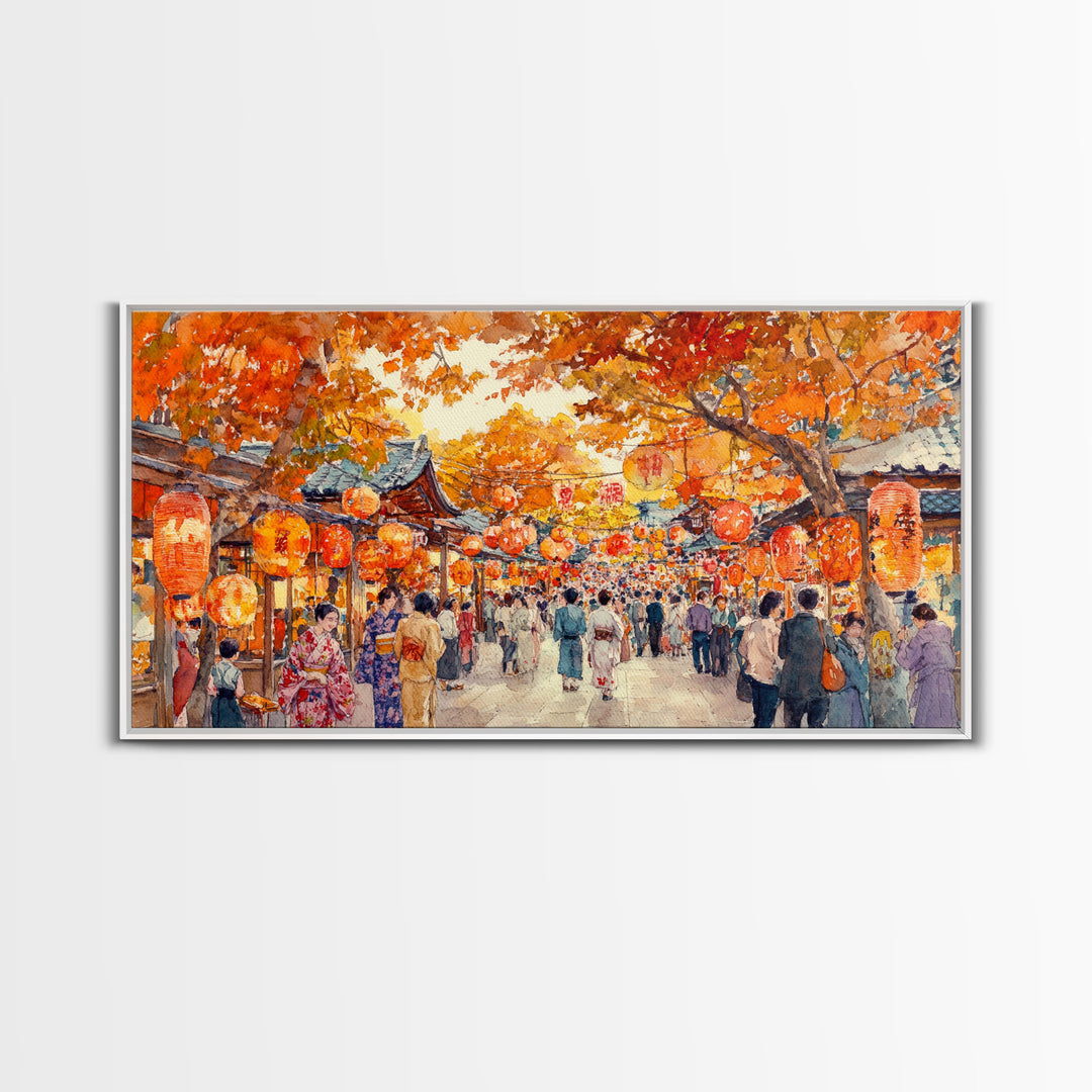 Vibrant fall market street scene with lanterns and people, framed canvas print, perfect autumn or fall festival decor wall art