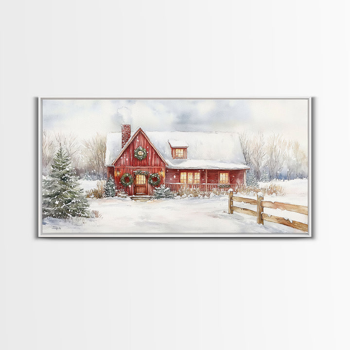 Snowy red farmhouse with wreaths and holiday lights, framed canvas print, perfect Christmas holiday decor or winter wall art display