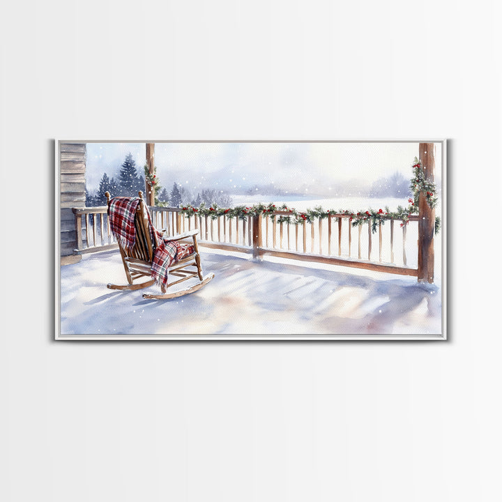 Snowy porch with rocking chair and plaid blanket, framed canvas print, Christmas decor perfect rustic holiday winter wall art