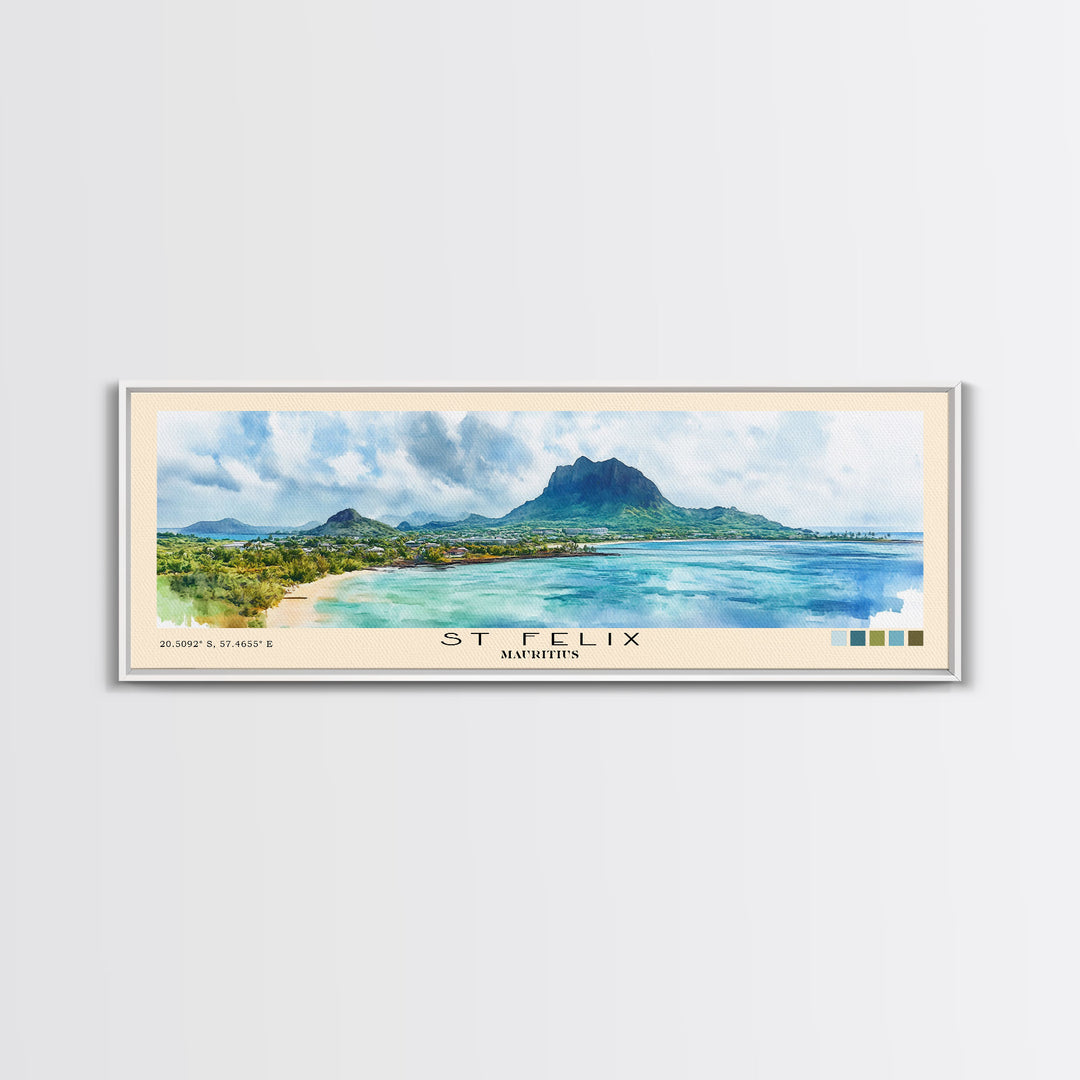 St Felix, Mauritius Watercolor Beach Print, Vacation Gift, Mauritius Wall Art, Framed Canvas Print, Framed Beach Painting