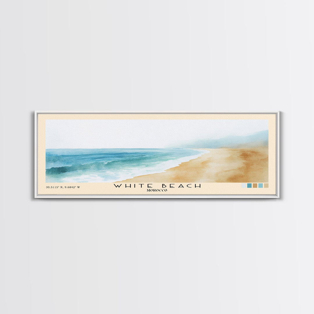 White Beach, Morocco Watercolor Beach Print, Vacation Gift, Morocco Wall Art, Framed Canvas Print, Framed Beach Painting