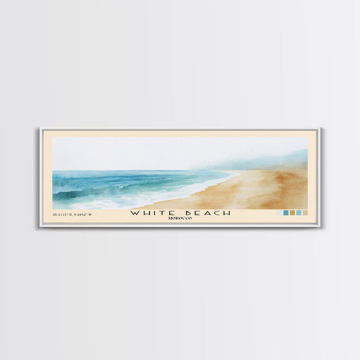 White Beach, Morocco Watercolor Beach Print, Vacation Gift, Morocco Wall Art, Framed Canvas Print, Framed Beach Painting