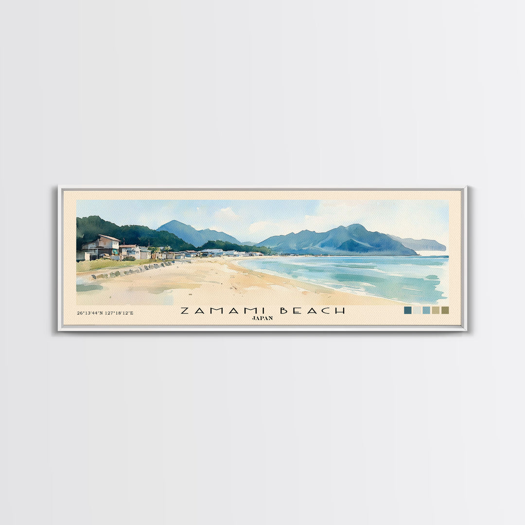 Zamami Beach, Japan Watercolor Beach Print, Vacation Gift, Japan Wall Art, Framed Canvas Print, Framed Beach Painting