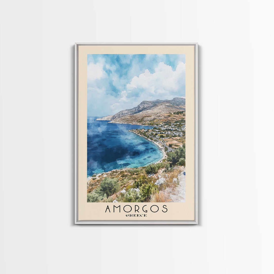 Amorgos, Greece Watercolor Print, Vacation Gift, Greece Wall Art, Beach Painting, Beach Decor, Large Wall Art, Wood Frame Art